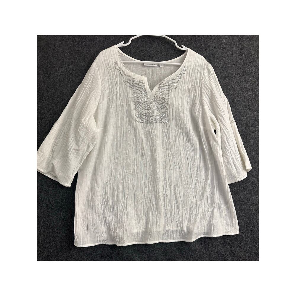 Susan Graver Beaded White Crepe Tunic Top 2X Beachy Summer